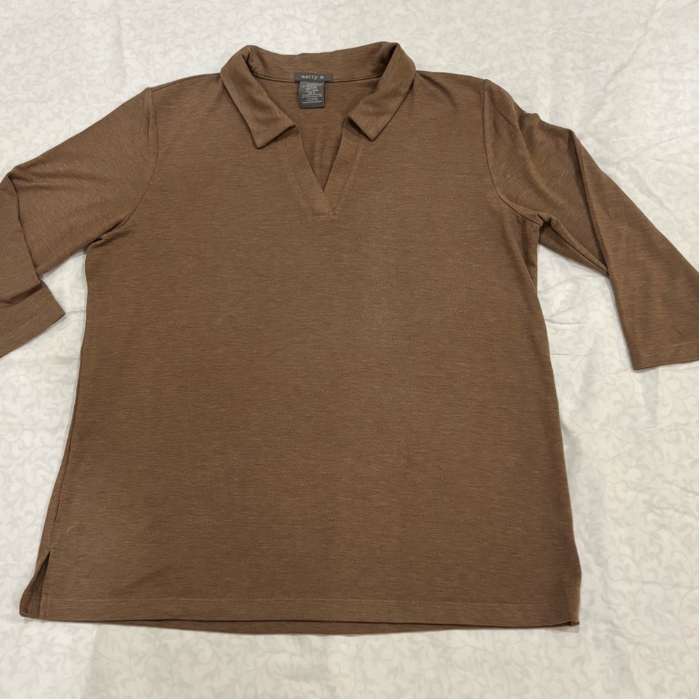 Matty M Women's Johnny collar 3/4 Sleeve Polo Top Light Brown Size XL